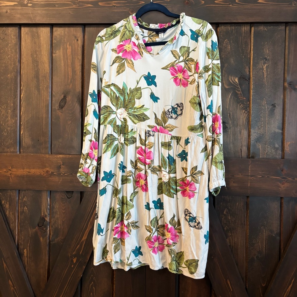 ❗️Joules Skylar Long Sleeve Dress Light Gray Pink Green Floral Butterflies 12